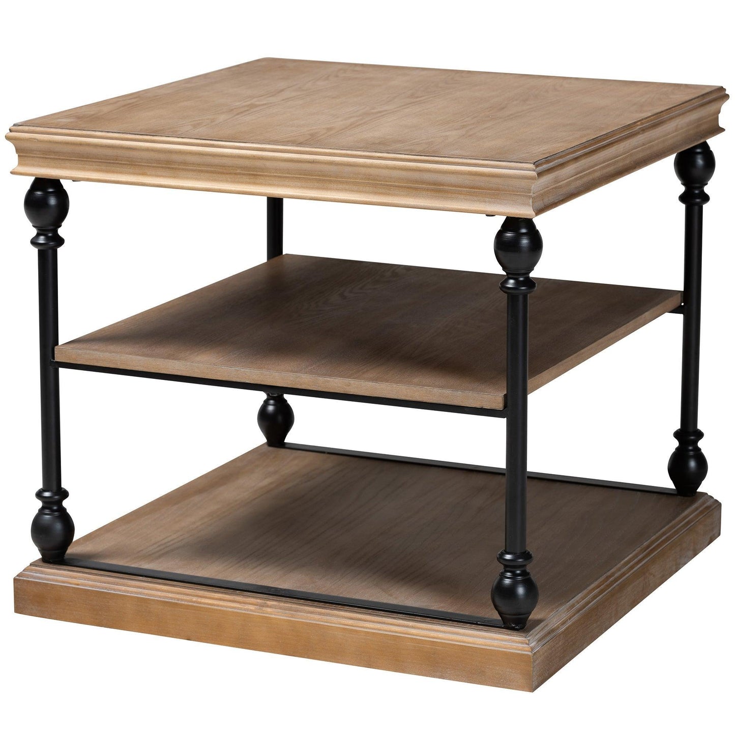 Sebastian Traditional Industrial Greywashed Wood and Black Metal 3-Tier End Table FredCo