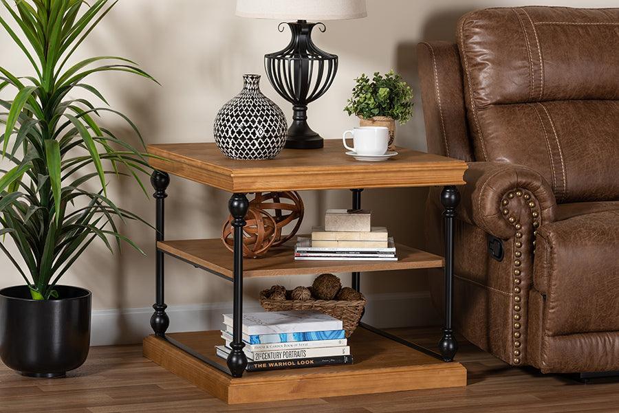 Sebastian Traditional Industrial Oak Brown Finished Wood and Black Metal 3-Tier End Table FredCo