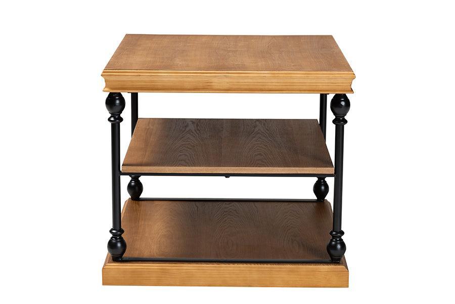 Sebastian Traditional Industrial Oak Brown Finished Wood and Black Metal 3-Tier End Table FredCo
