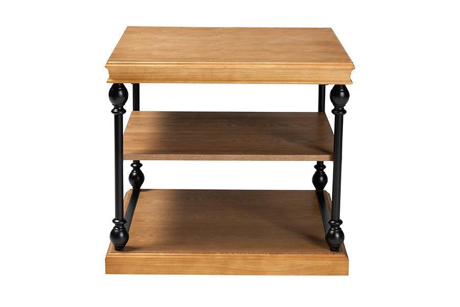 Sebastian Traditional Industrial Oak Brown Finished Wood and Black Metal 3-Tier End Table FredCo