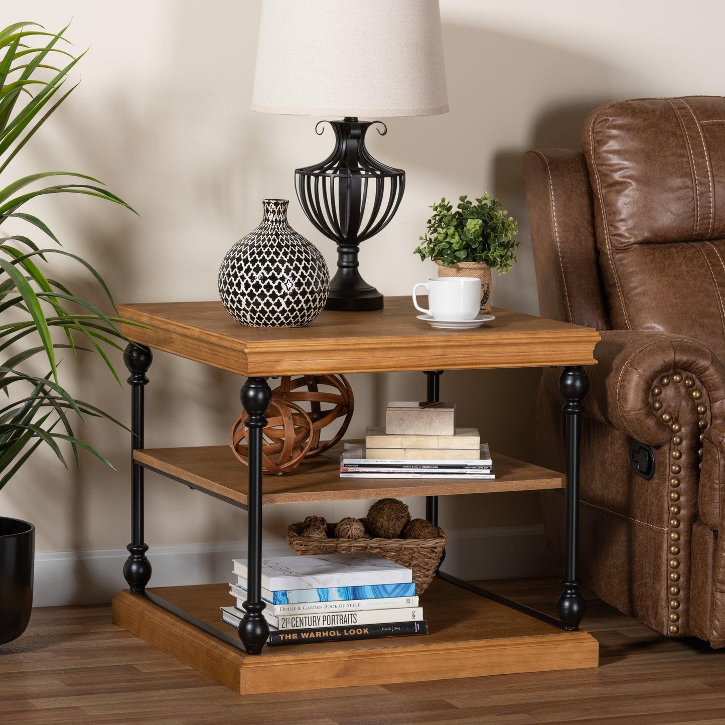 Sebastian Traditional Industrial Oak Brown Finished Wood and Black Metal 3-Tier End Table FredCo