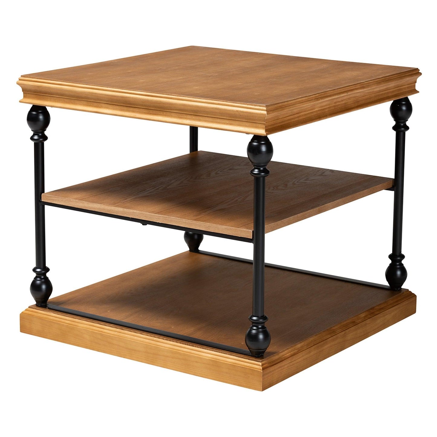 Sebastian Traditional Industrial Oak Brown Finished Wood and Black Metal 3-Tier End Table FredCo
