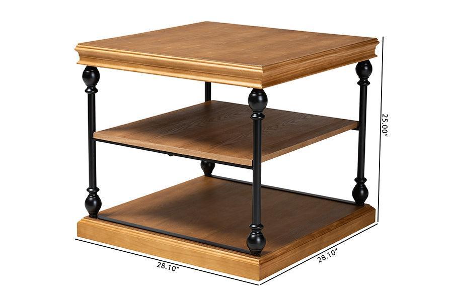 Sebastian Traditional Industrial Oak Brown Finished Wood and Black Metal 3-Tier End Table FredCo