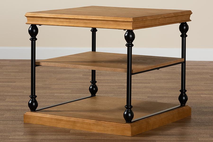 Sebastian Traditional Industrial Oak Brown Finished Wood and Black Metal 3-Tier End Table FredCo