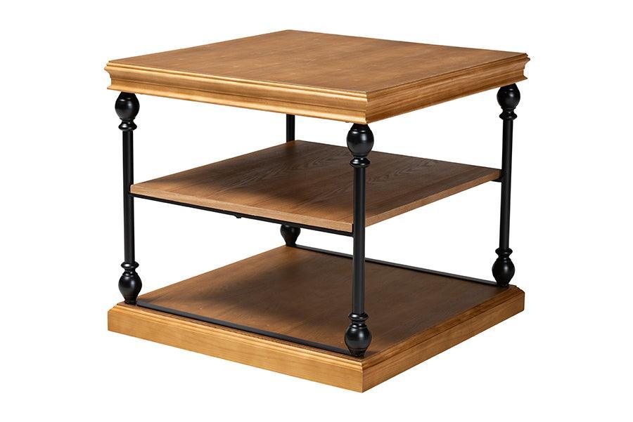 Sebastian Traditional Industrial Oak Brown Finished Wood and Black Metal 3-Tier End Table FredCo