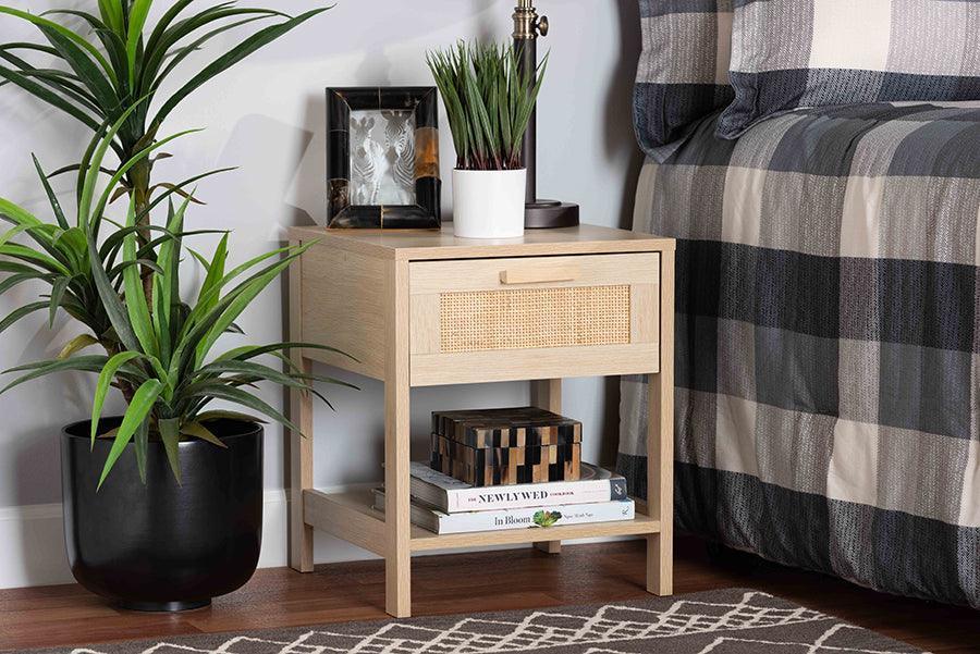 Sebille Mid-Century Modern Light Brown Finished Wood 1-Drawer Nightstand with Natural Rattan FredCo