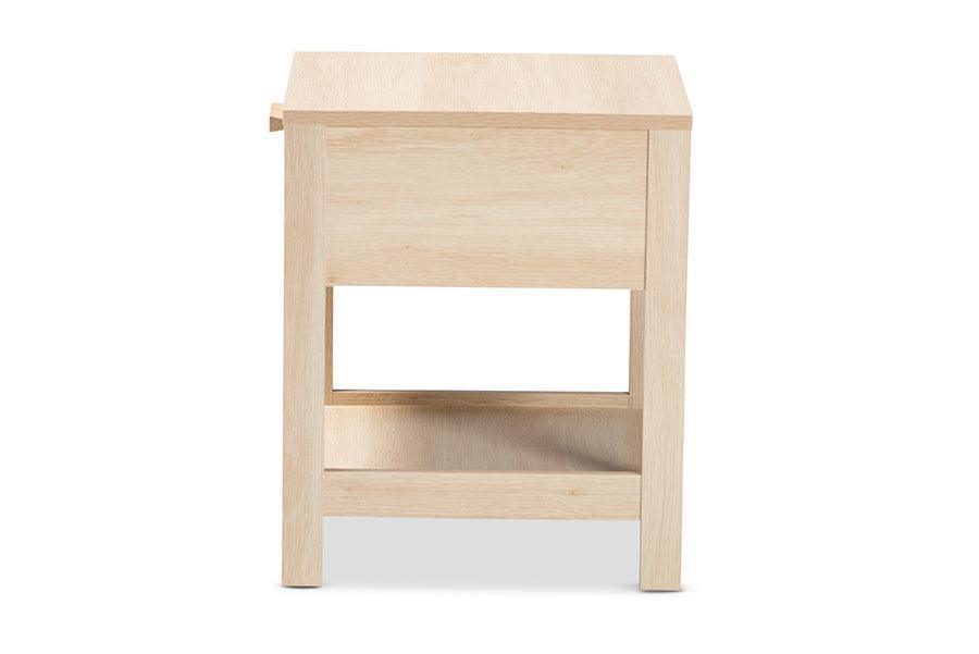 Sebille Mid-Century Modern Light Brown Finished Wood 1-Drawer Nightstand with Natural Rattan FredCo