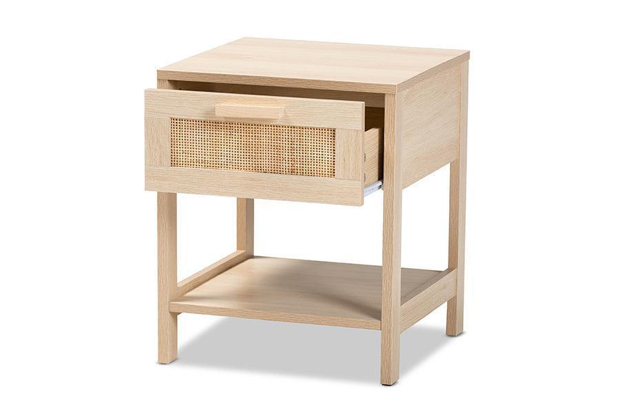 Sebille Mid-Century Modern Light Brown Finished Wood 1-Drawer Nightstand with Natural Rattan FredCo