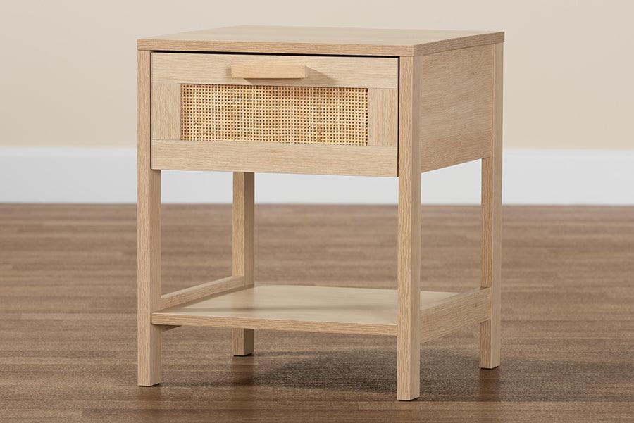 Sebille Mid-Century Modern Light Brown Finished Wood 1-Drawer Nightstand with Natural Rattan FredCo