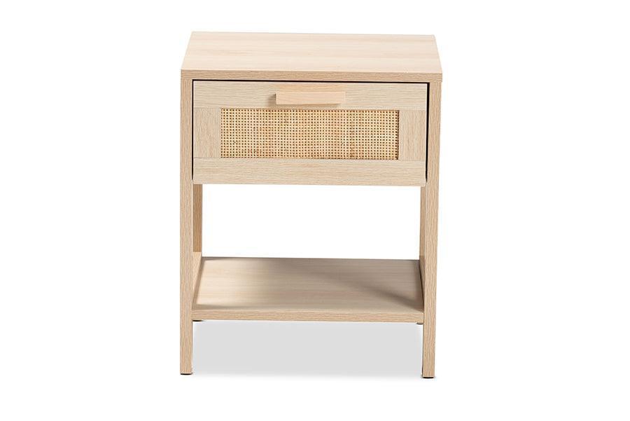 Sebille Mid-Century Modern Light Brown Finished Wood 1-Drawer Nightstand with Natural Rattan FredCo
