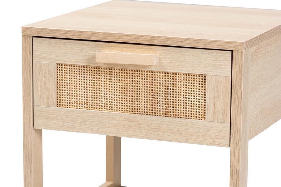Sebille Mid-Century Modern Light Brown Finished Wood 1-Drawer Nightstand with Natural Rattan FredCo