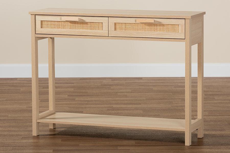 Sebille Mid-Century Modern Light Brown Finished Wood 2-Drawer Console Table with Natural Rattan FredCo