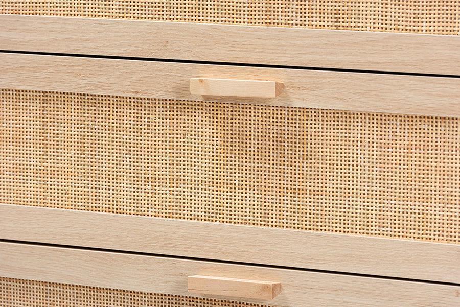 Sebille Mid-Century Modern Light Brown Finished Wood 3-Drawer Storage Chest with Natural Rattan FredCo
