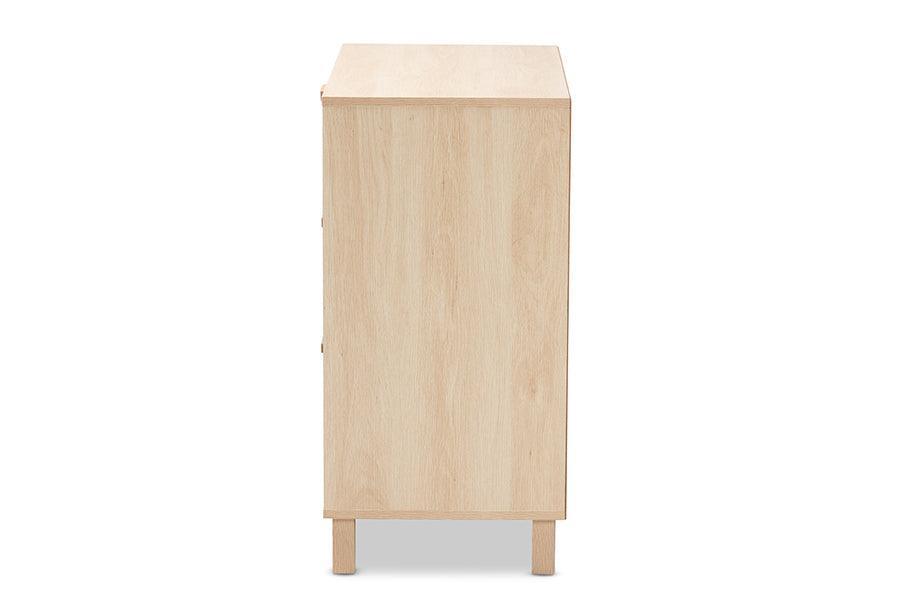 Sebille Mid-Century Modern Light Brown Finished Wood 3-Drawer Storage Chest with Natural Rattan FredCo