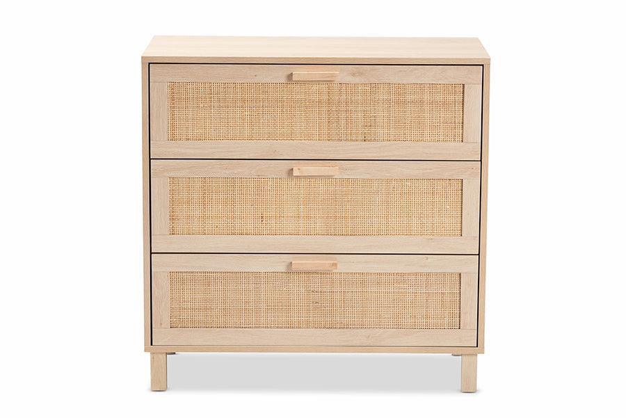 Sebille Mid-Century Modern Light Brown Finished Wood 3-Drawer Storage Chest with Natural Rattan FredCo