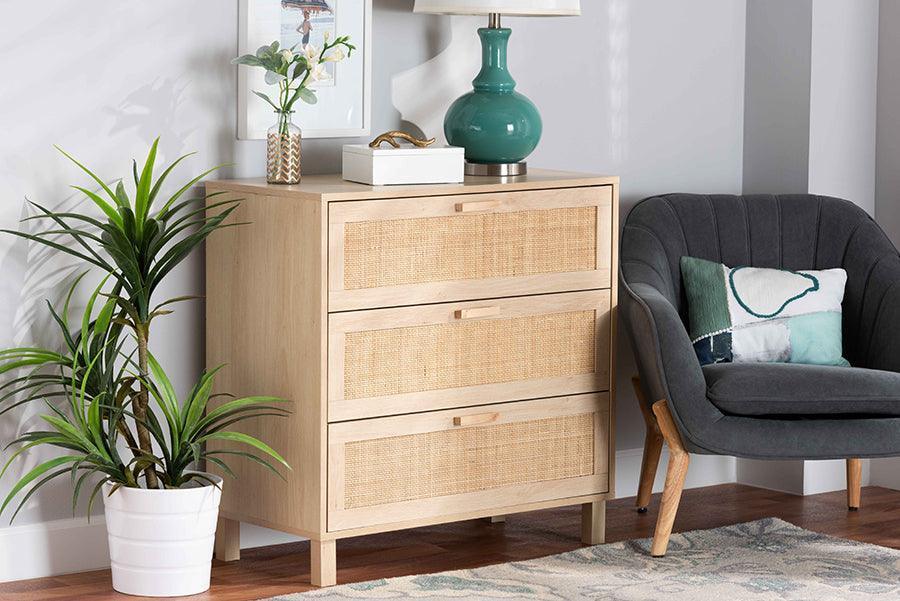 Sebille Mid-Century Modern Light Brown Finished Wood 3-Drawer Storage Chest with Natural Rattan FredCo