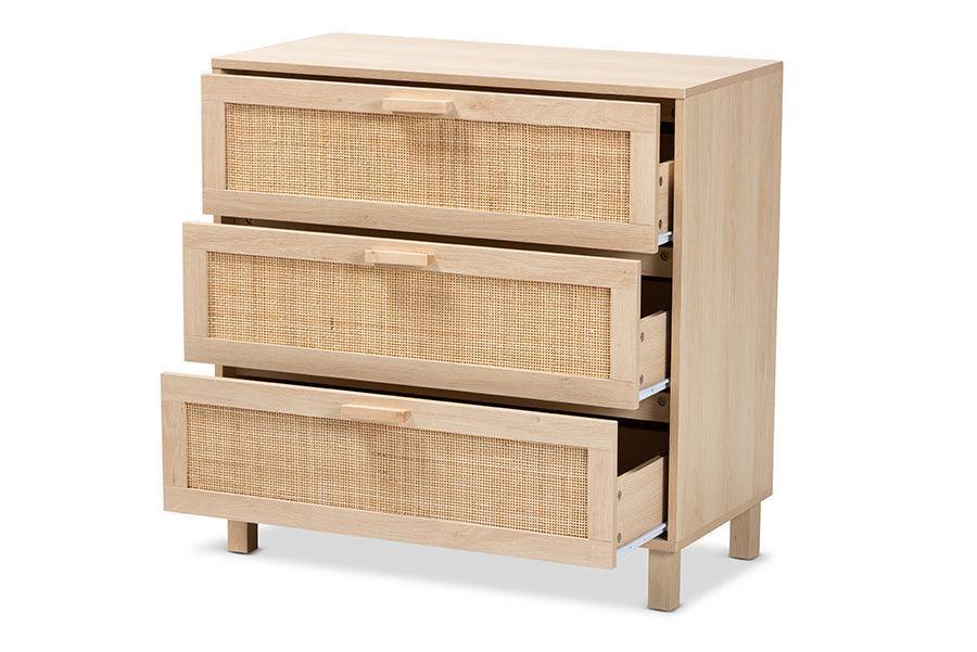 Sebille Mid-Century Modern Light Brown Finished Wood 3-Drawer Storage Chest with Natural Rattan FredCo