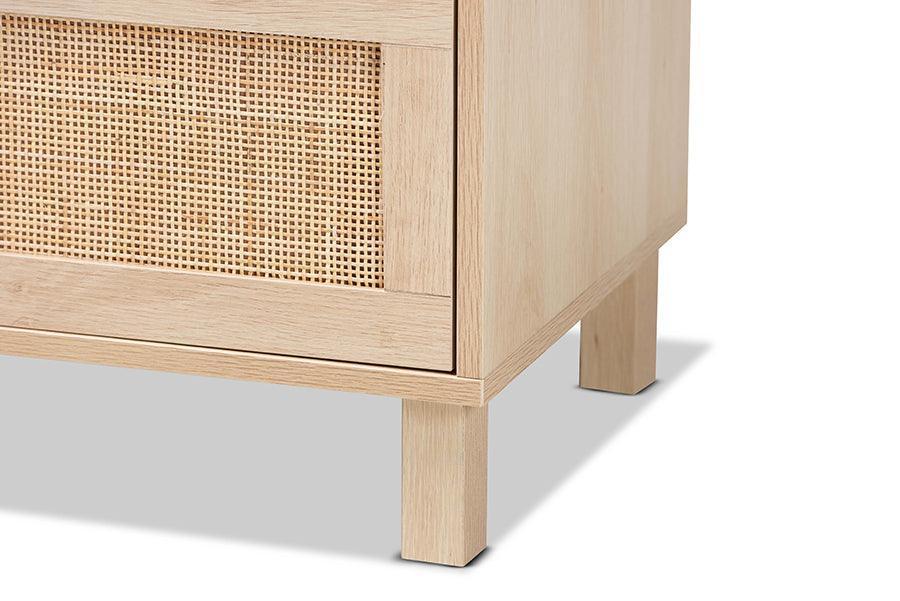 Sebille Mid-Century Modern Light Brown Finished Wood 3-Drawer Storage Chest with Natural Rattan FredCo