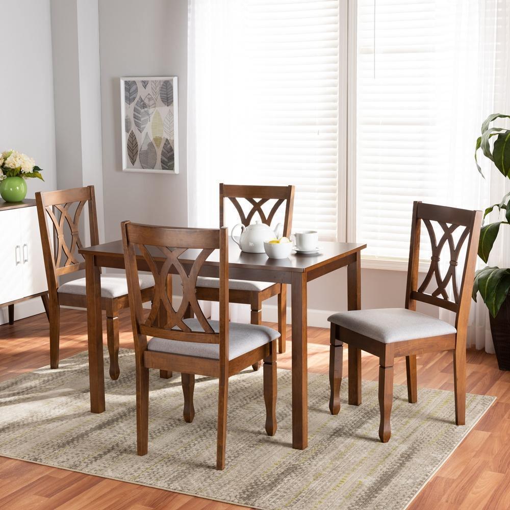 Sefa Modern and Contemporary Grey Fabric Upholstered and Walnut Brown Finished Wood 5-Piece Dining Set FredCo