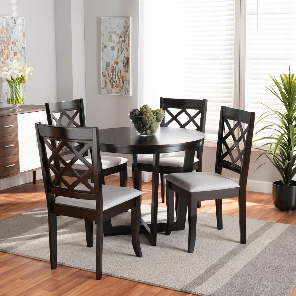 Selby Modern and Contemporary Grey Fabric Upholstered and Dark Brown Finished Wood 5-Piece Dining Set FredCo