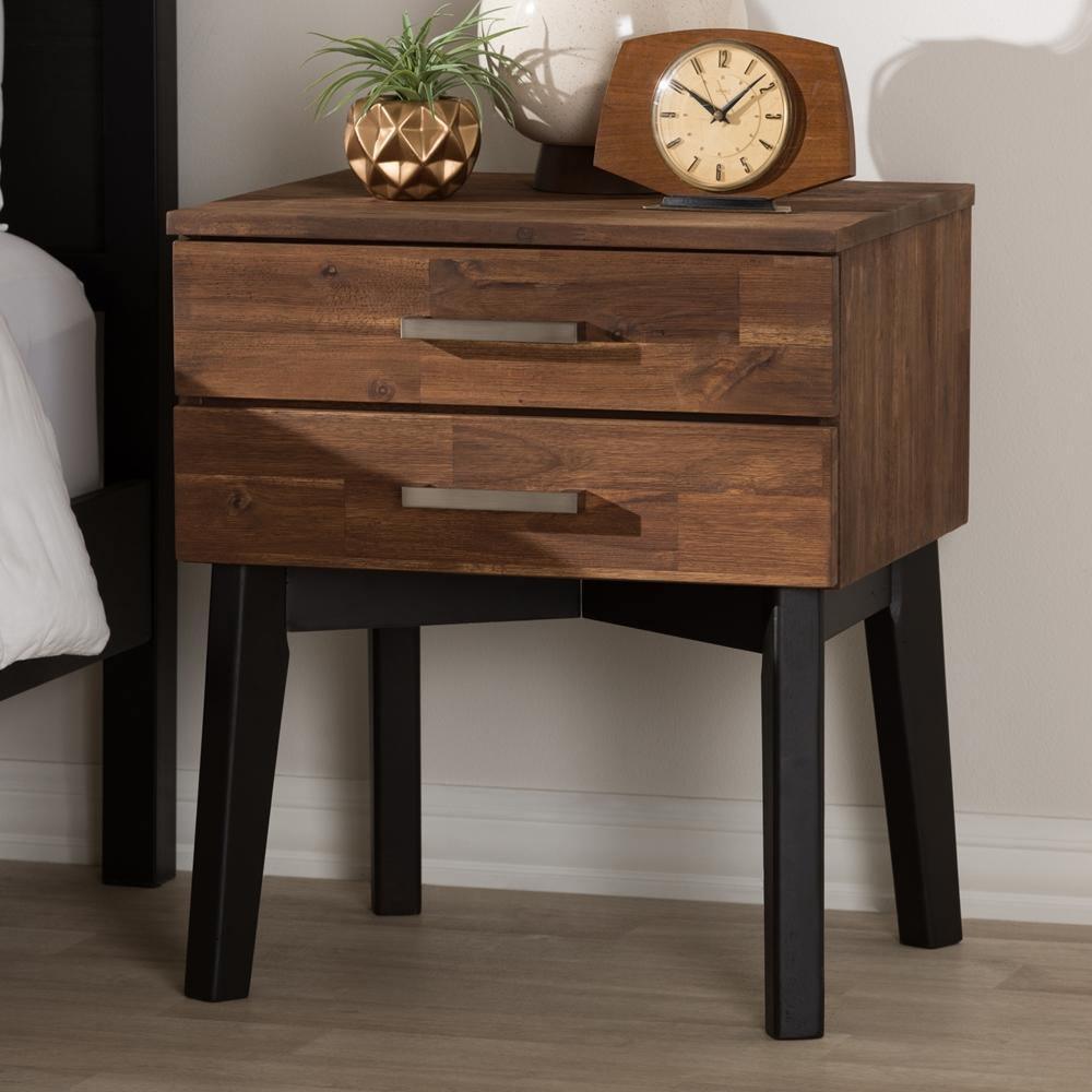 Selena Mid-Century Modern Brown Wood 2-Drawer Nightstand FredCo
