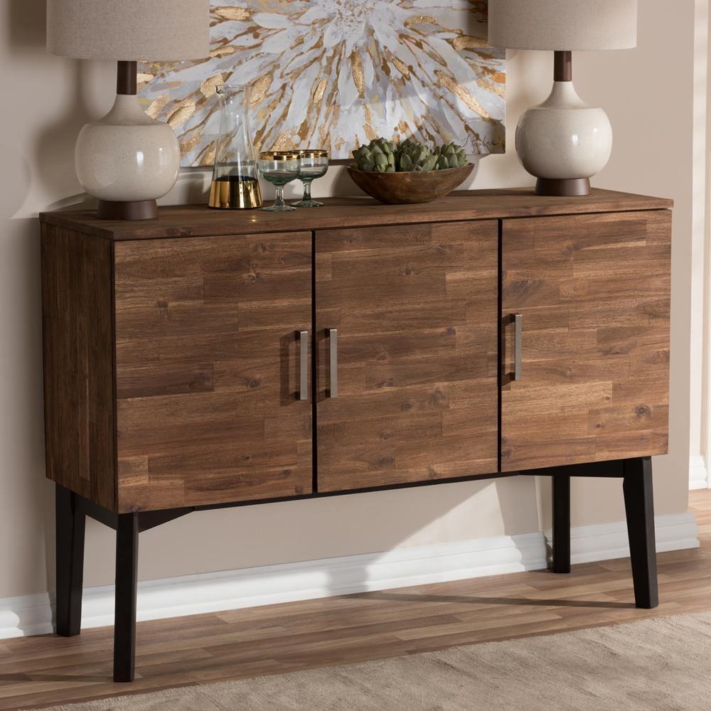 Selena Mid-Century Modern Brown Wood 3-Door Sideboard Buffet FredCo