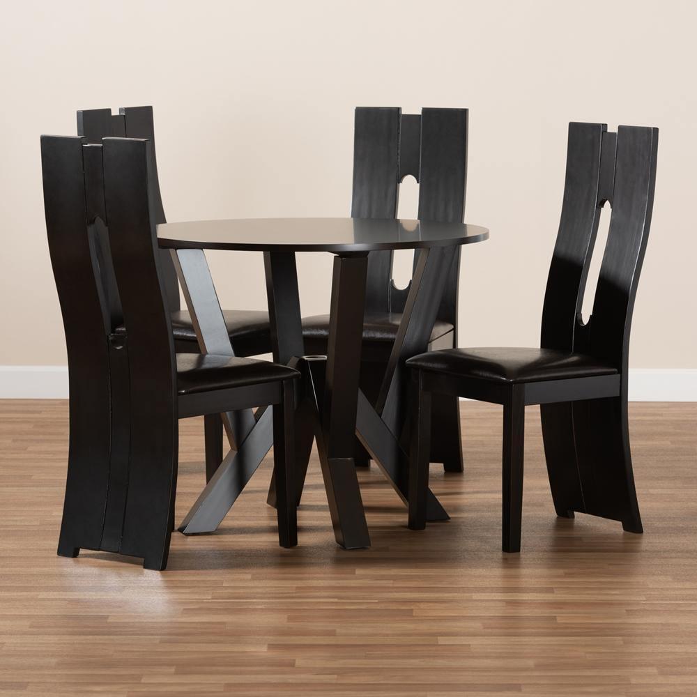 Senan Modern and Contemporary Dark Brown Faux Leather Upholstered and Dark Brown Finished Wood 5-Piece Dining Set FredCo