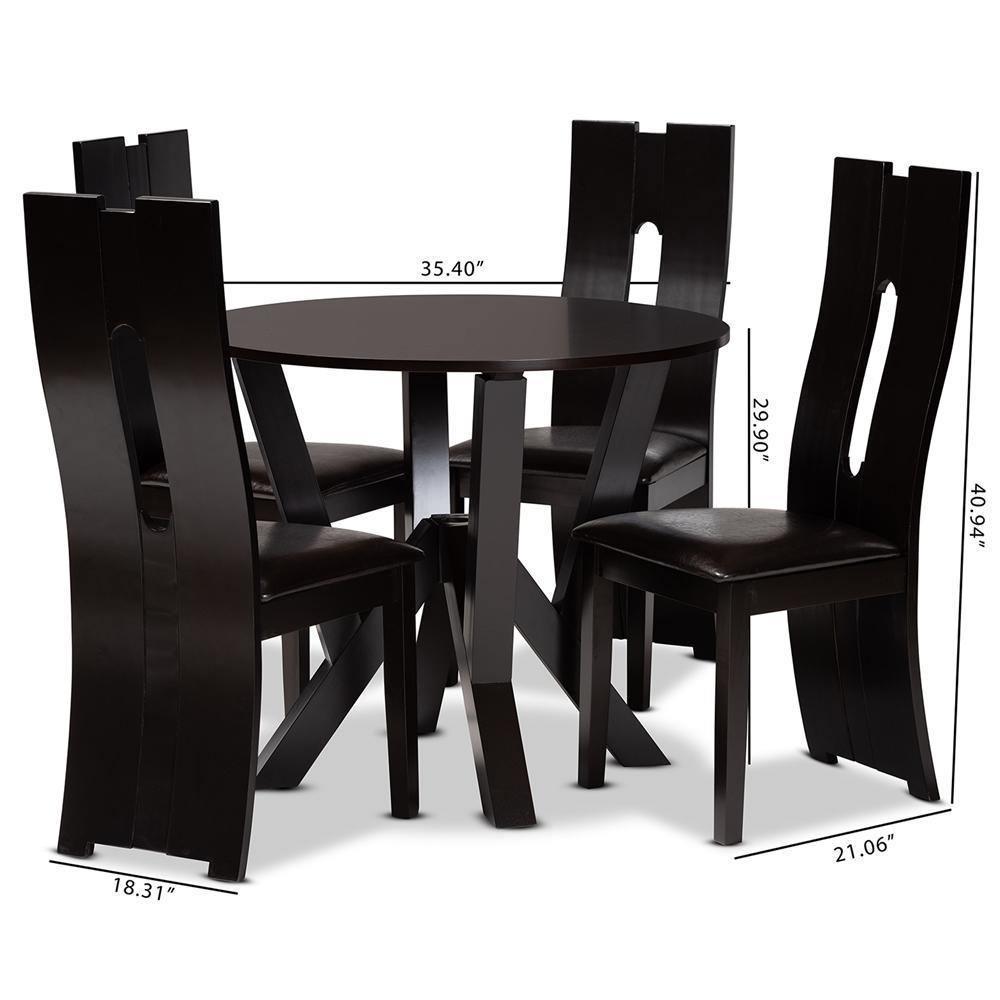 Senan Modern and Contemporary Dark Brown Faux Leather Upholstered and Dark Brown Finished Wood 5-Piece Dining Set FredCo