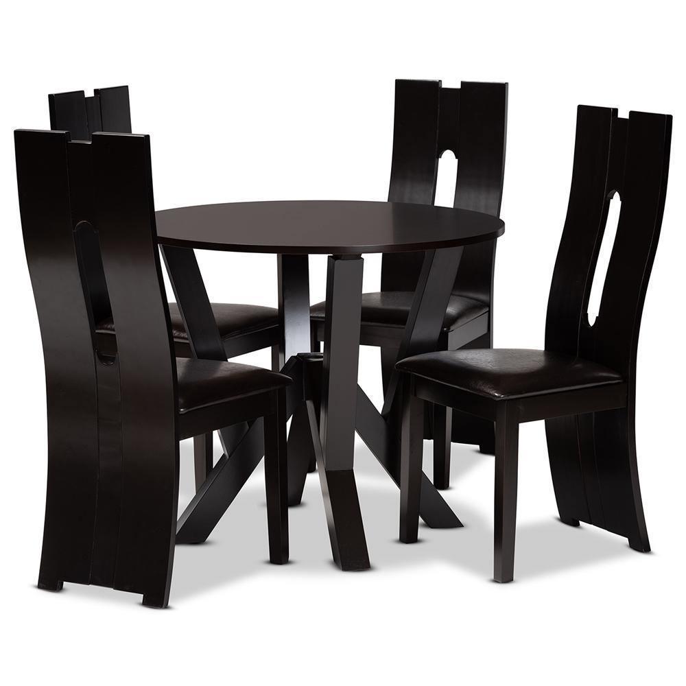 Senan Modern and Contemporary Dark Brown Faux Leather Upholstered and Dark Brown Finished Wood 5-Piece Dining Set FredCo