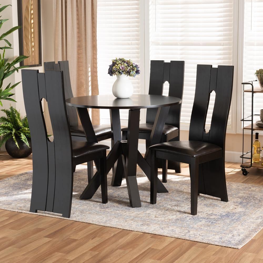 Senan Modern and Contemporary Dark Brown Faux Leather Upholstered and Dark Brown Finished Wood 5-Piece Dining Set FredCo