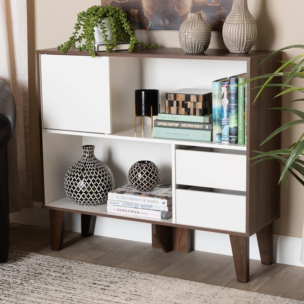 Senja Modern and Contemporary Two-Tone White and Walnut Brown Finished Wood 2-Shelf Bookcase FredCo