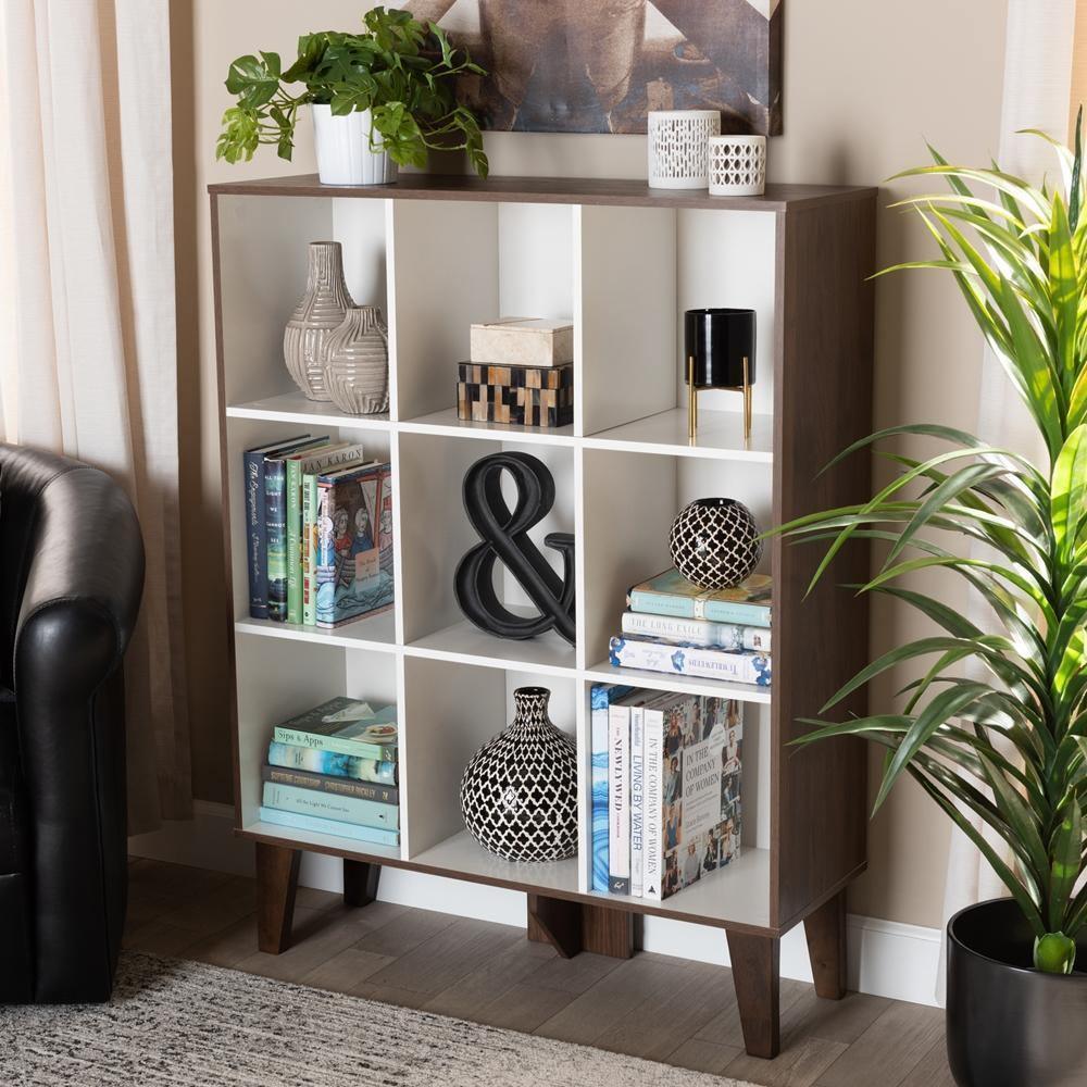 Senja Modern and Contemporary Two-Tone White and Walnut Brown Finished Wood 9-Shelf Bookcase FredCo