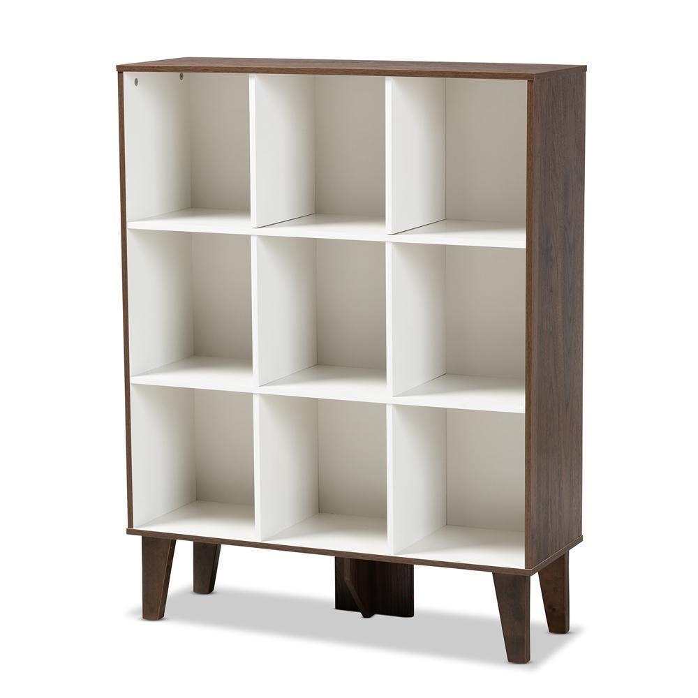 Senja Modern and Contemporary Two-Tone White and Walnut Brown Finished Wood 9-Shelf Bookcase FredCo