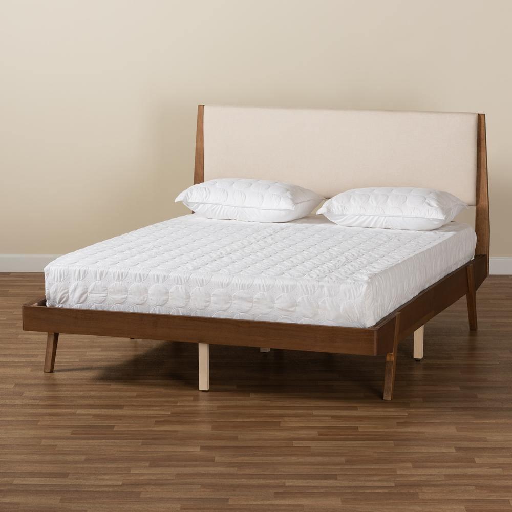 Senna Mid-Century Modern Beige Fabric Upholstered and Walnut Brown Finished Wood King Size Platform Bed FredCo