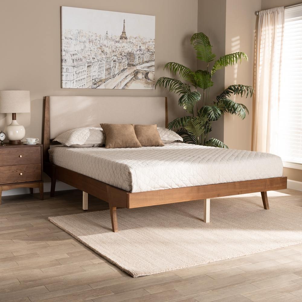 Senna Mid-Century Modern Beige Fabric Upholstered and Walnut Brown Finished Wood King Size Platform Bed FredCo