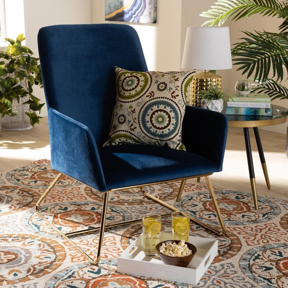 Sennet Glam and Luxe Navy Blue Velvet Fabric Upholstered Gold Finished Armchair FredCo