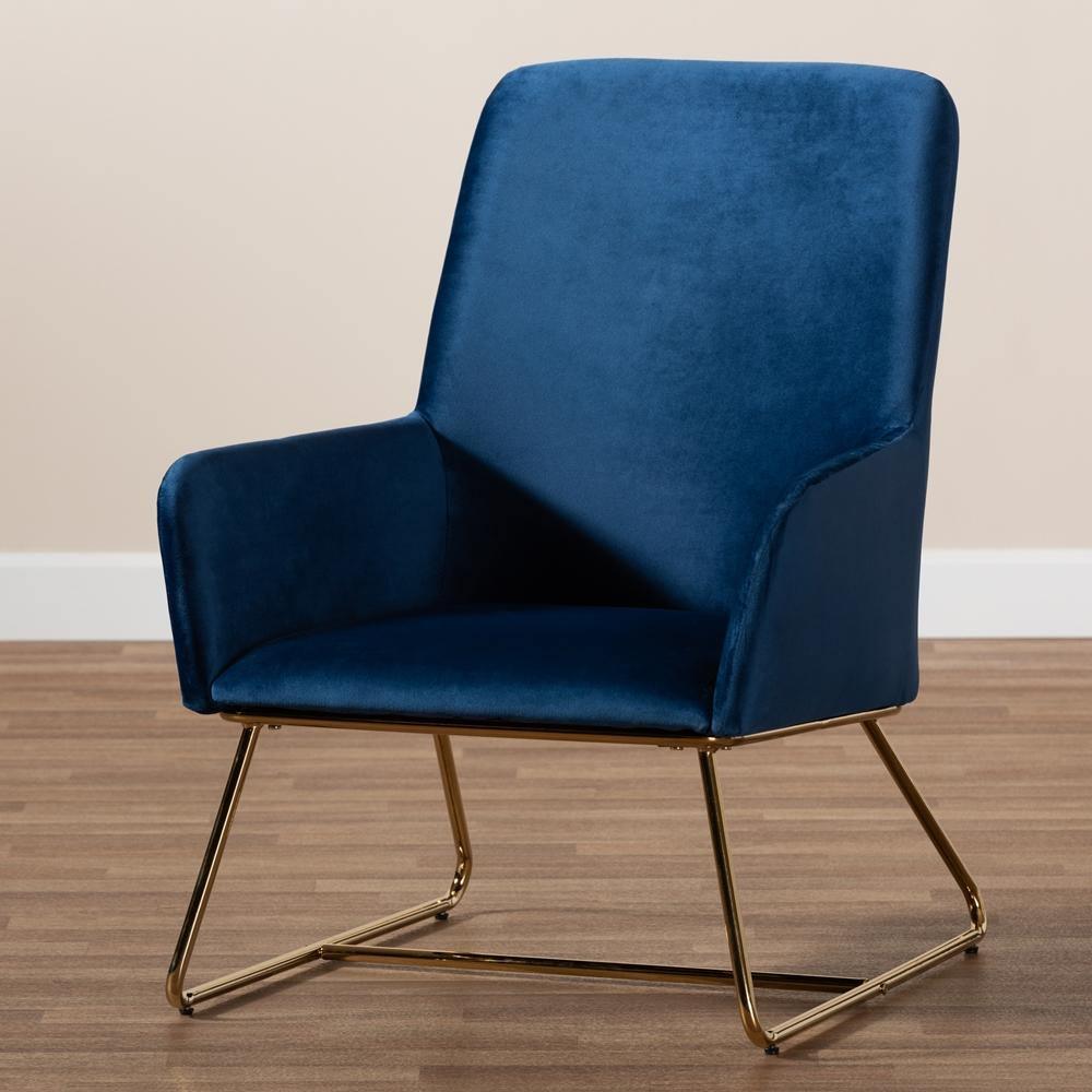 Sennet Glam and Luxe Navy Blue Velvet Fabric Upholstered Gold Finished Armchair FredCo