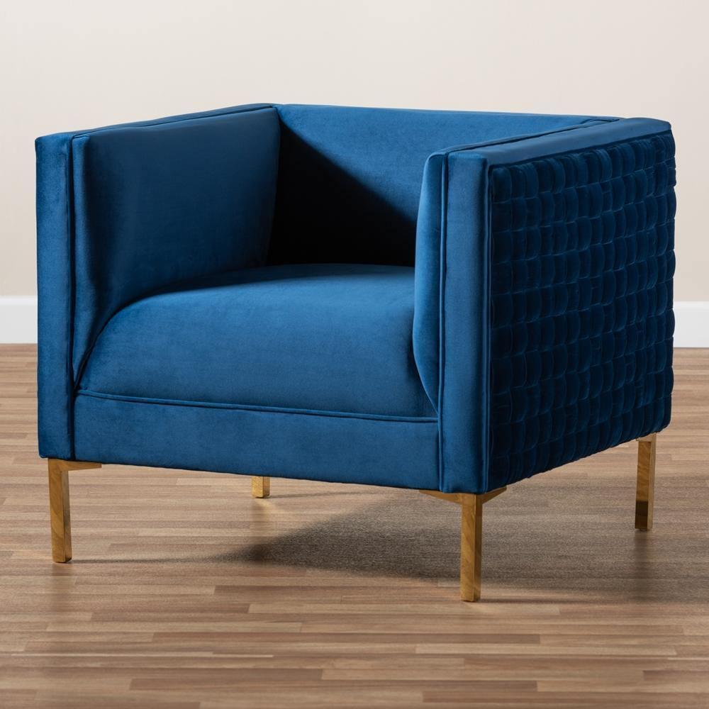 Seraphin Glam and Luxe Navy Blue Velvet Fabric Upholstered Gold Finished Armchair FredCo