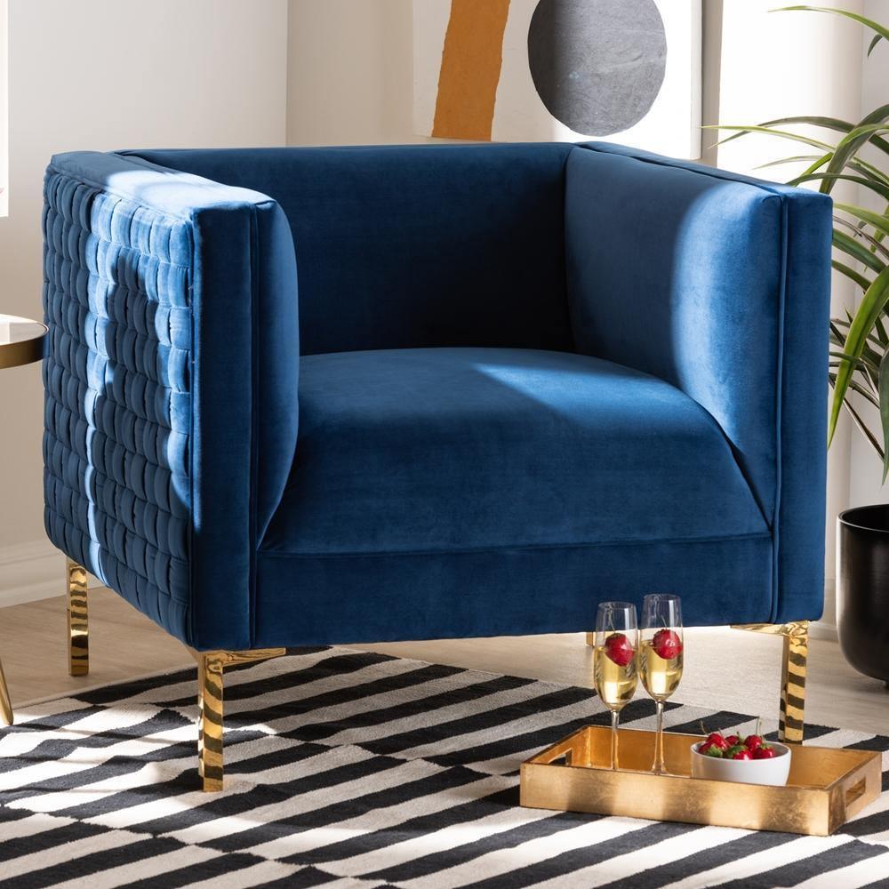 Seraphin Glam and Luxe Navy Blue Velvet Fabric Upholstered Gold Finished Armchair FredCo