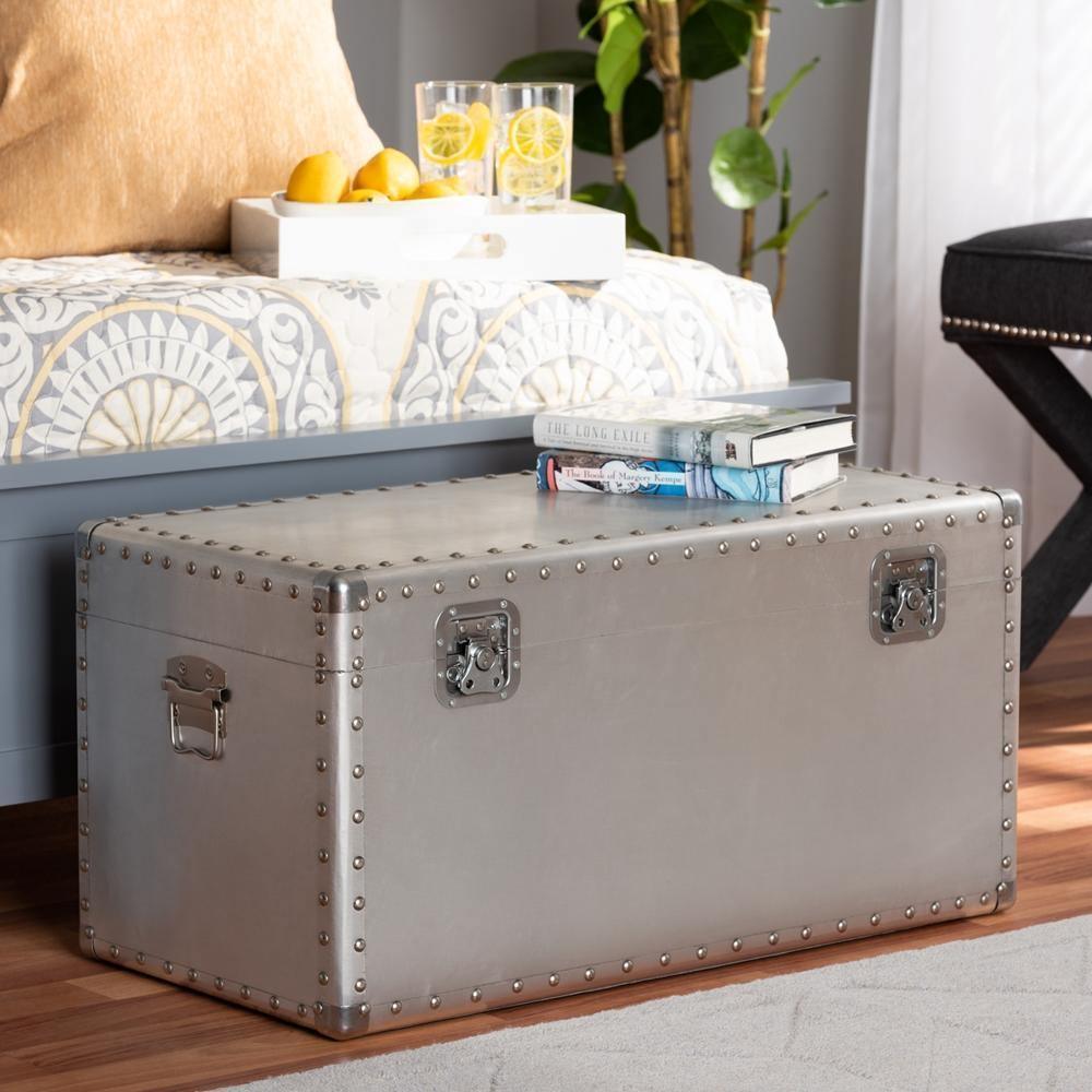 Serge French Industrial Silver Metal Storage Trunk FredCo