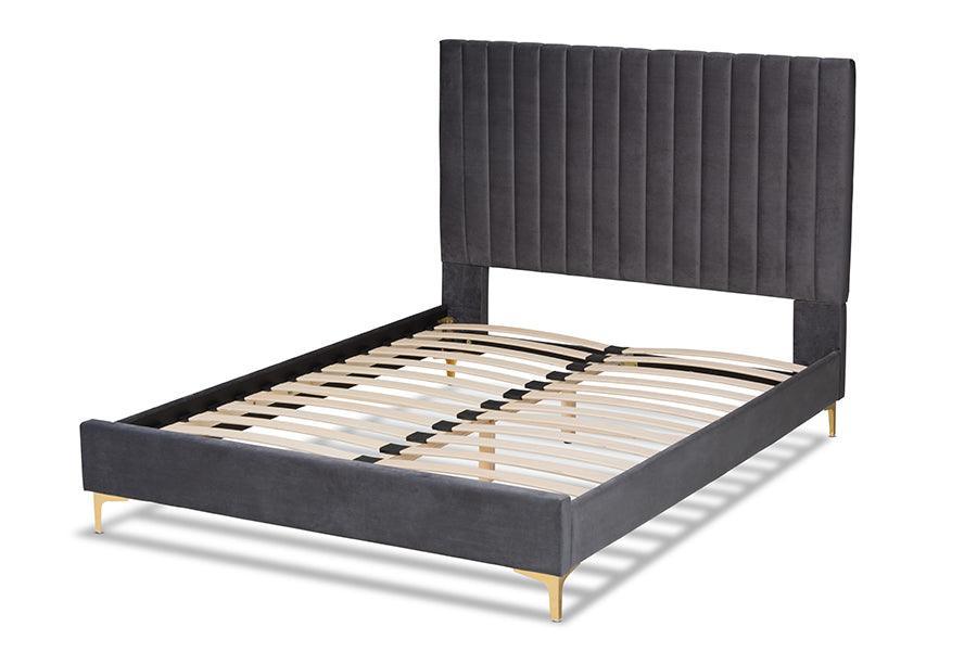 Serrano Contemporary Glam and Luxe Grey Velvet Fabric Upholstered and Gold Metal Queen Size Platform Bed FredCo