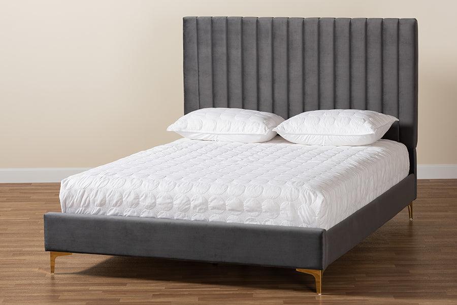 Serrano Contemporary Glam and Luxe Grey Velvet Fabric Upholstered and Gold Metal Queen Size Platform Bed FredCo