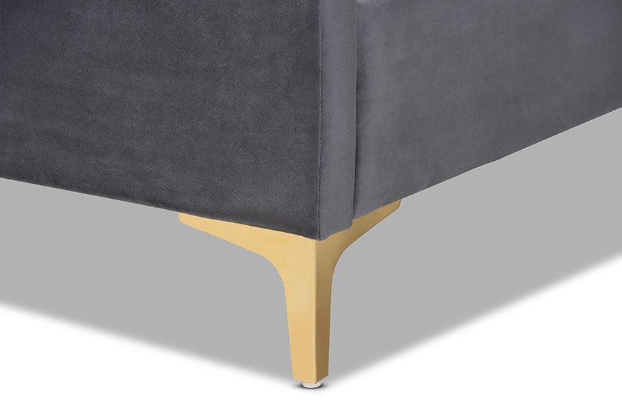 Serrano Contemporary Glam and Luxe Grey Velvet Fabric Upholstered and Gold Metal Queen Size Platform Bed FredCo