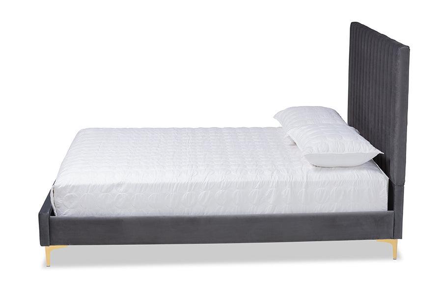 Serrano Contemporary Glam and Luxe Grey Velvet Fabric Upholstered and Gold Metal Queen Size Platform Bed FredCo