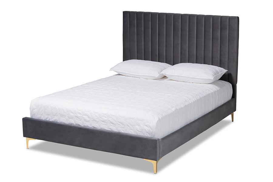 Serrano Contemporary Glam and Luxe Grey Velvet Fabric Upholstered and Gold Metal Queen Size Platform Bed FredCo
