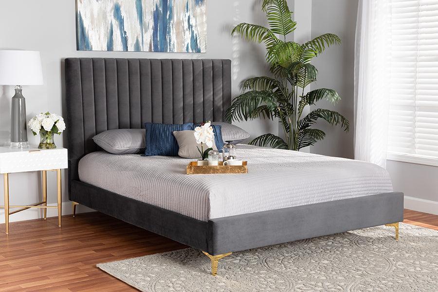 Serrano Contemporary Glam and Luxe Grey Velvet Fabric Upholstered and Gold Metal Queen Size Platform Bed FredCo
