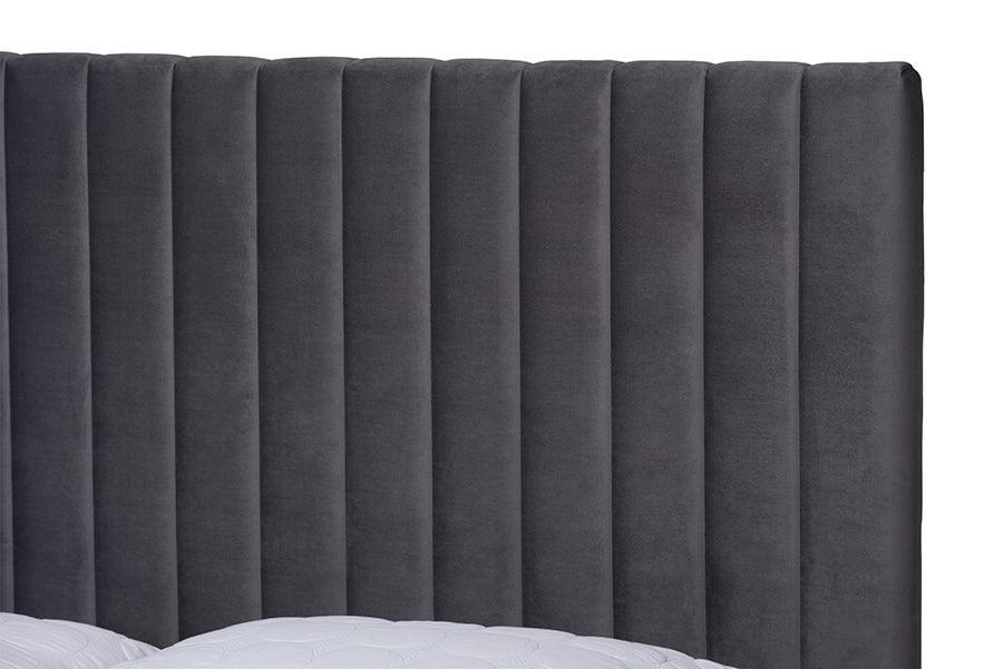 Serrano Contemporary Glam and Luxe Grey Velvet Fabric Upholstered and Gold Metal Queen Size Platform Bed FredCo