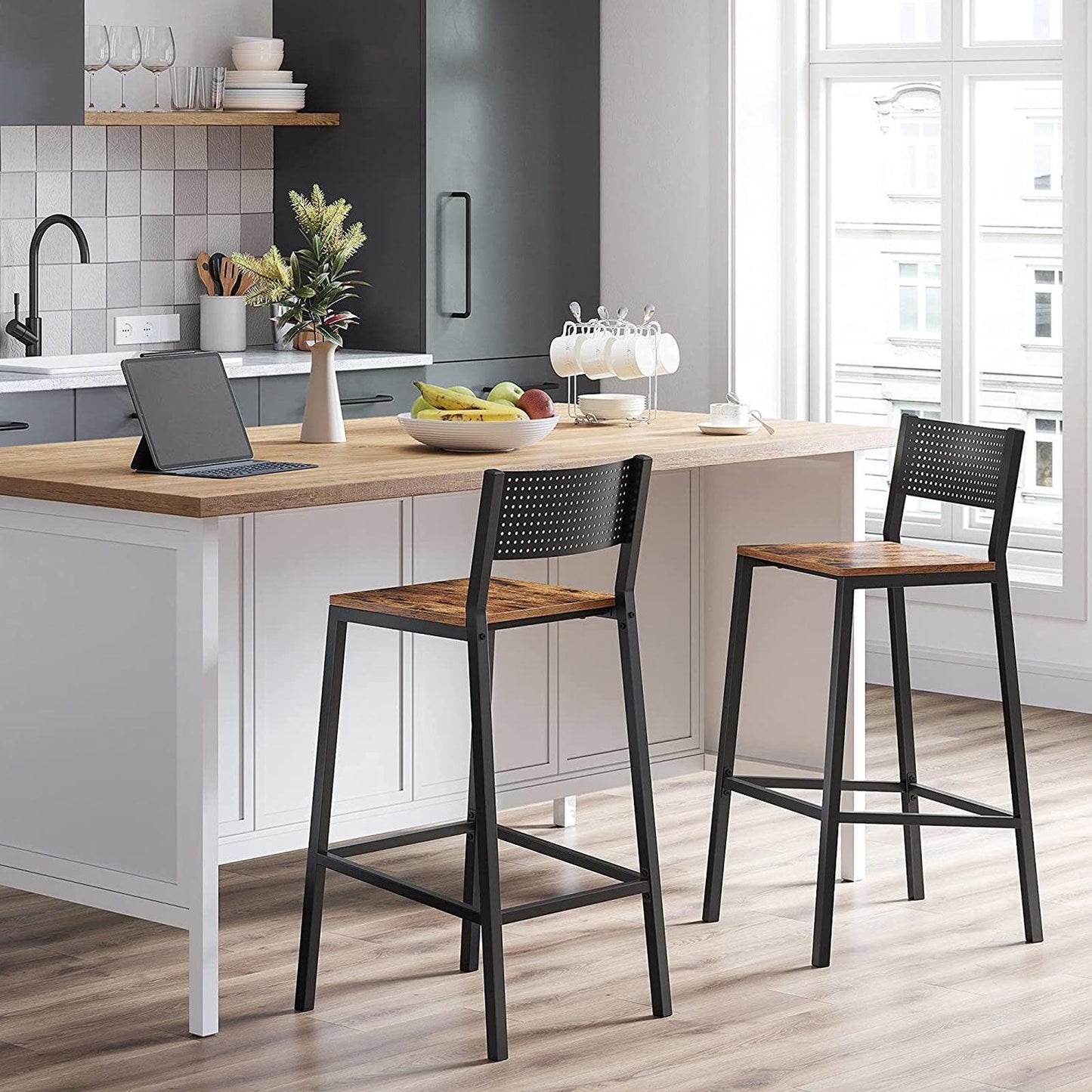 Set of 2 Industrial Bar Stools with Backrest FredCo