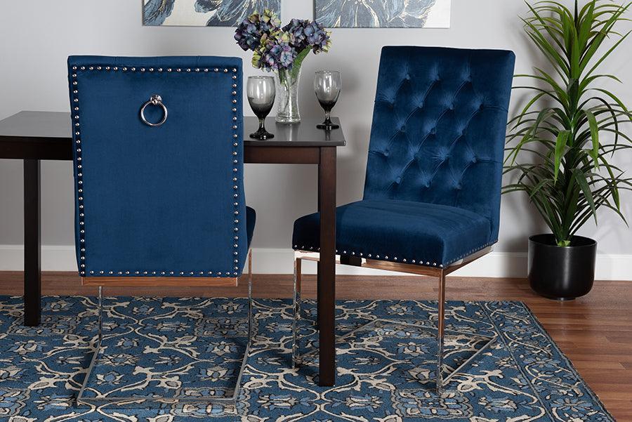 Sherine Contemporary Glam and Luxe Navy Blue Velvet Fabric and Silver Metal 2-Piece Dining Chair Set FredCo