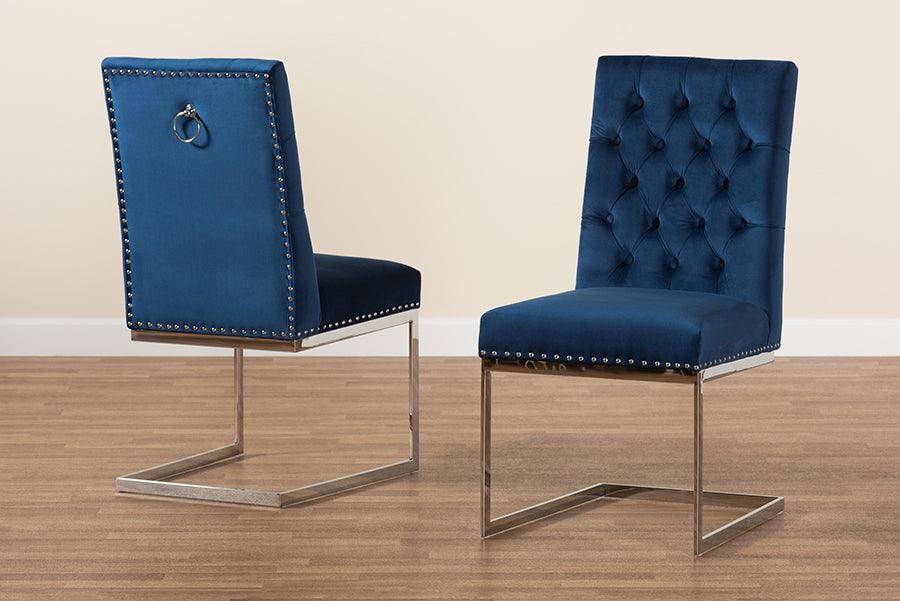 Sherine Contemporary Glam and Luxe Navy Blue Velvet Fabric and Silver Metal 2-Piece Dining Chair Set FredCo